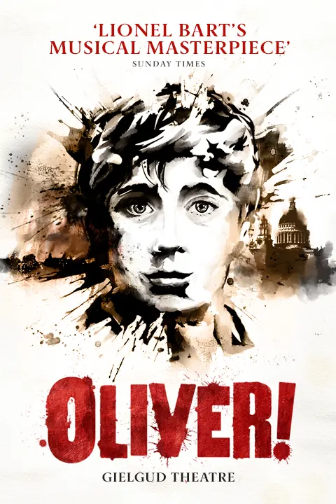 The Oliver! logo: a boy's ink-splashed face over St Paul's, Gielgud Theatre