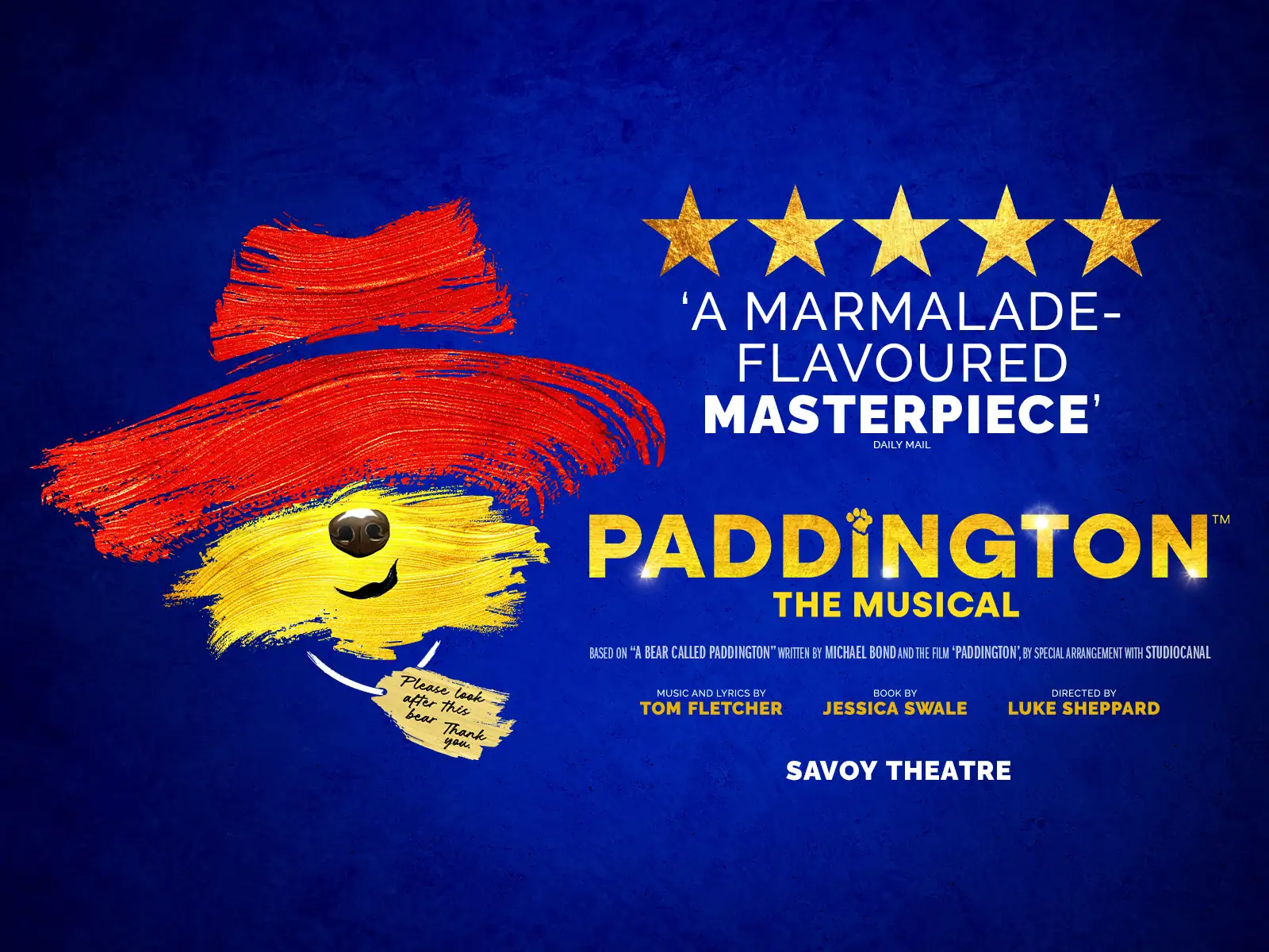 Wide Paddington The Musical logo artwork on deep blue, Savoy Theatre