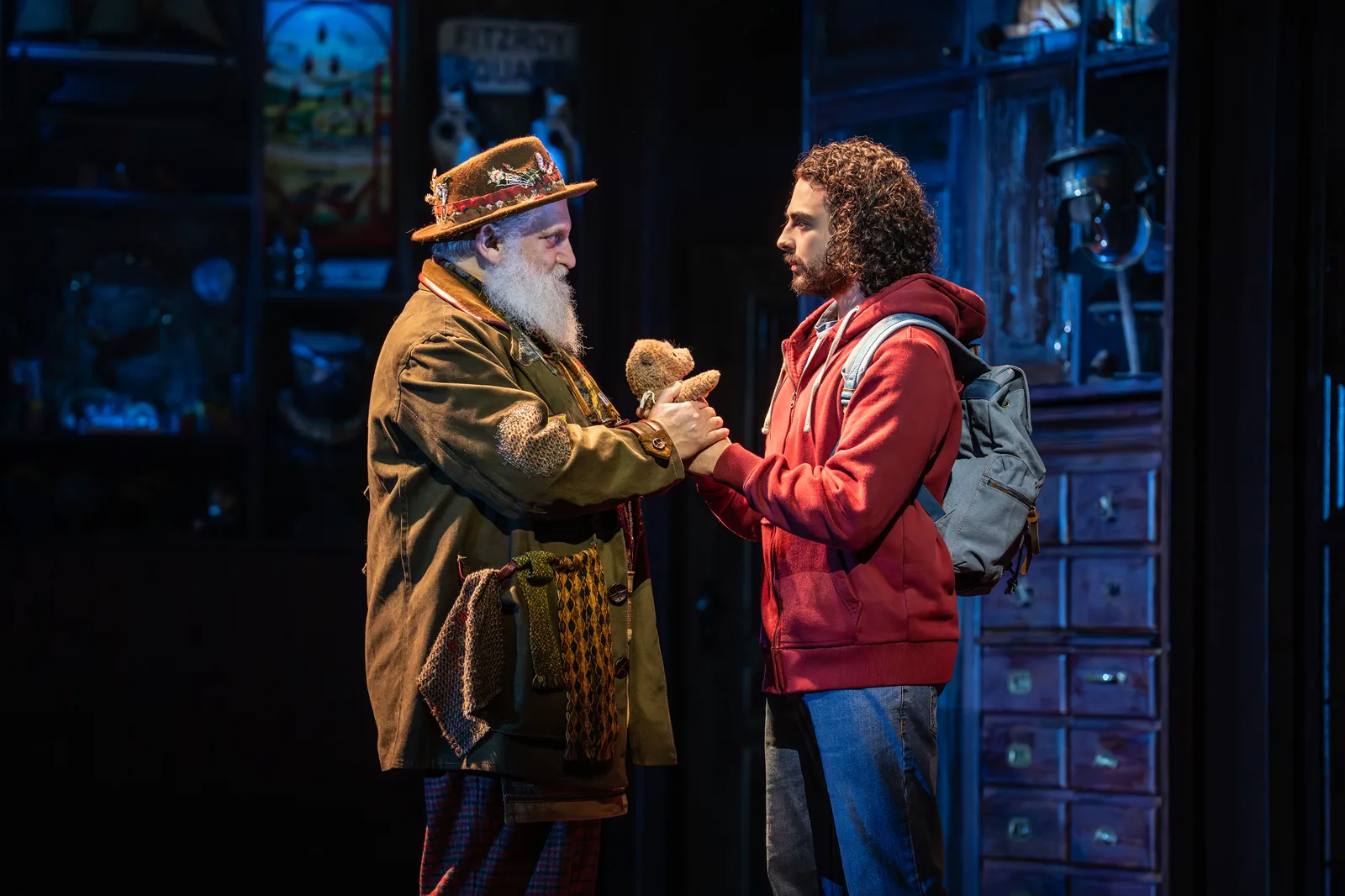 Teddy Kempner as Mr Gruber with a young man, Paddington The Musical, Savoy Theatre