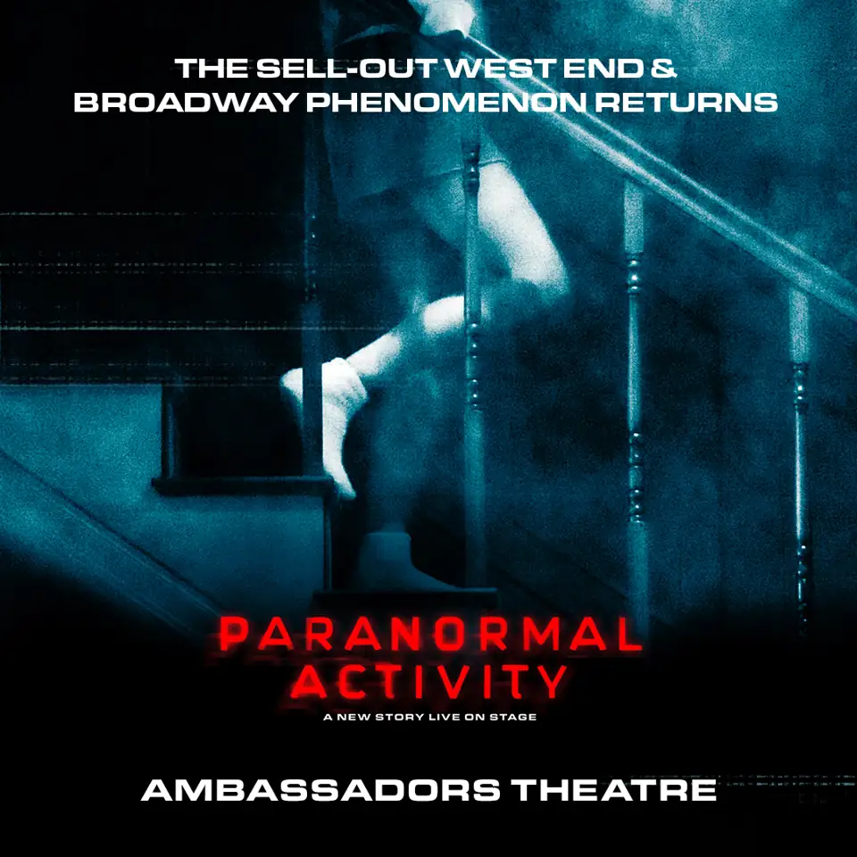 Square Paranormal Activity poster with a figure on dark blue stairs, Ambassadors Theatre
