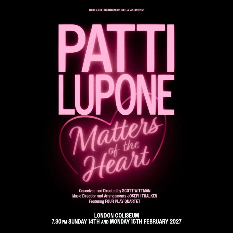 Pink neon lettering in Patti LuPone - Matters Of The Heart at London Coliseum