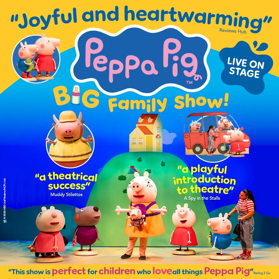 Peppa Pig characters on hill in Peppa Pig’s Big Family Show! at the Theatre Royal Haymarket