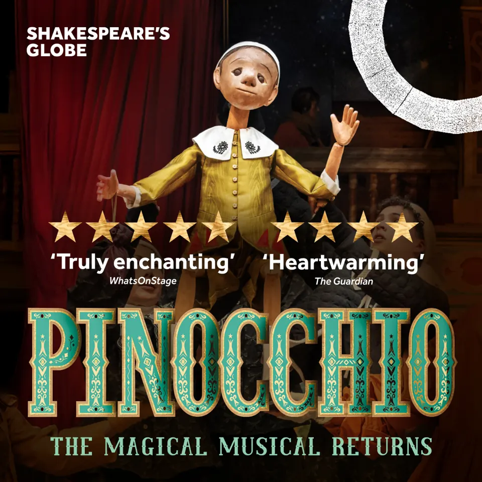 Wooden puppet in gold jacket outstretched arms in Pinocchio - Globe at the Globe Theatre