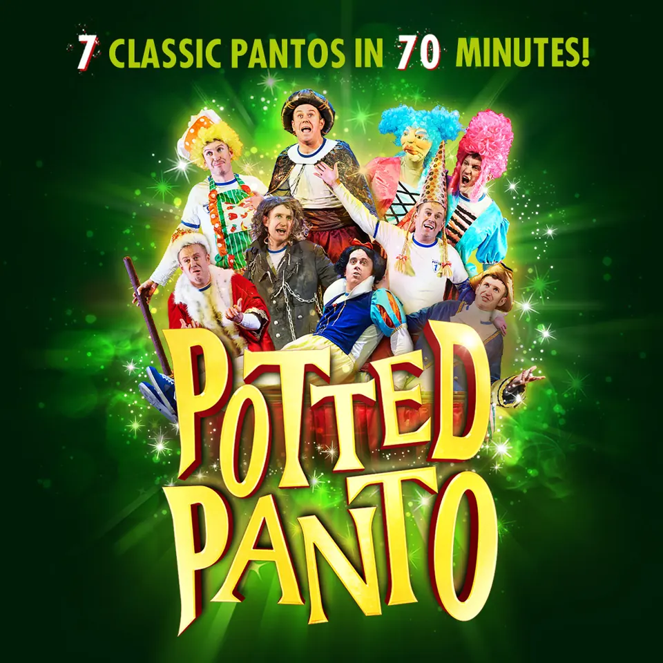 Seven performers in colourful panto costumes in Potted Panto at the Apollo Theatre