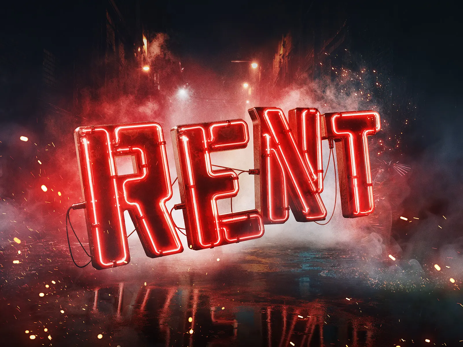 The red neon RENT logo in a smoky street, Tom Stoppard Theatre