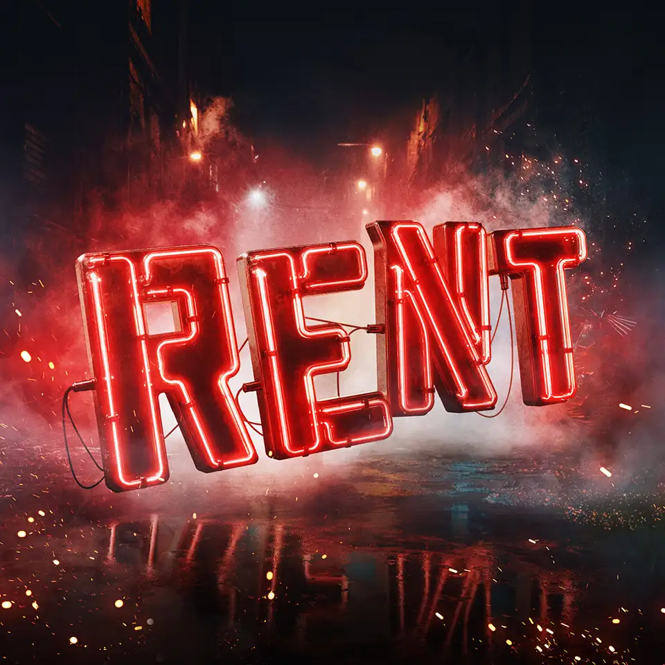 The red neon RENT logo, RENT at the Tom Stoppard Theatre