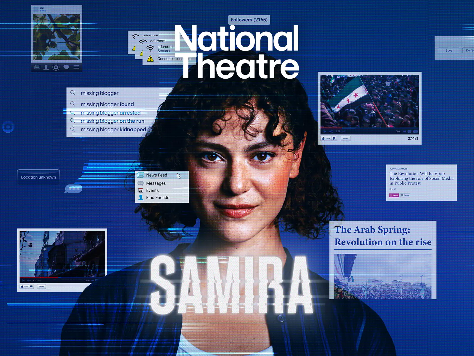 Woman's face with digital overlays and blue graphics in Samira at the Dorfman Theatre