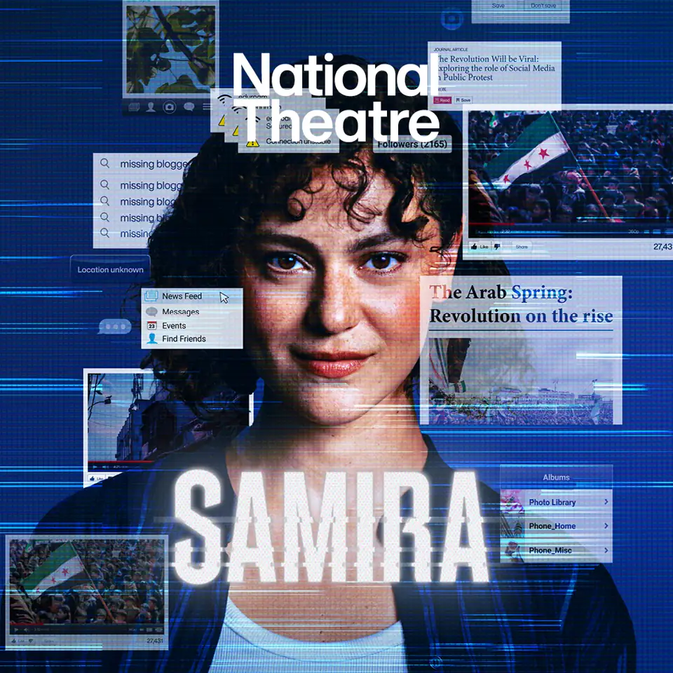 Woman's face layered with digital screens and protest imagery in Samira at the Dorfman Theatre