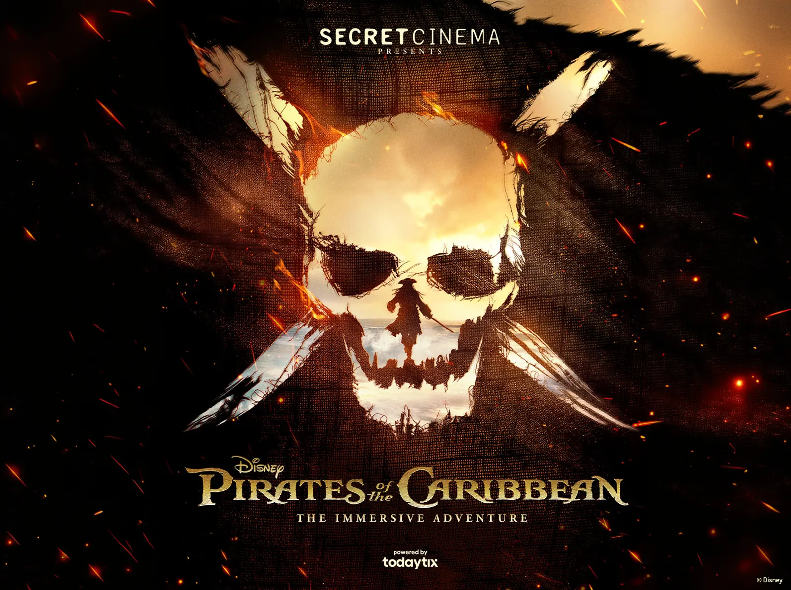 Skull and crossed swords in Disney's Pirates of the Caribbean at the Secret Cinema, Greenwich Peninsula