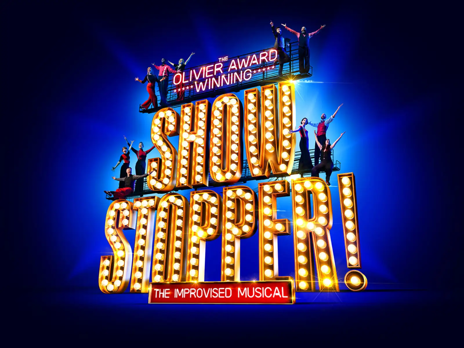 Showstopper! The Improvised Musical poster with golden marquee lettering at the Cambridge Theatre, London.