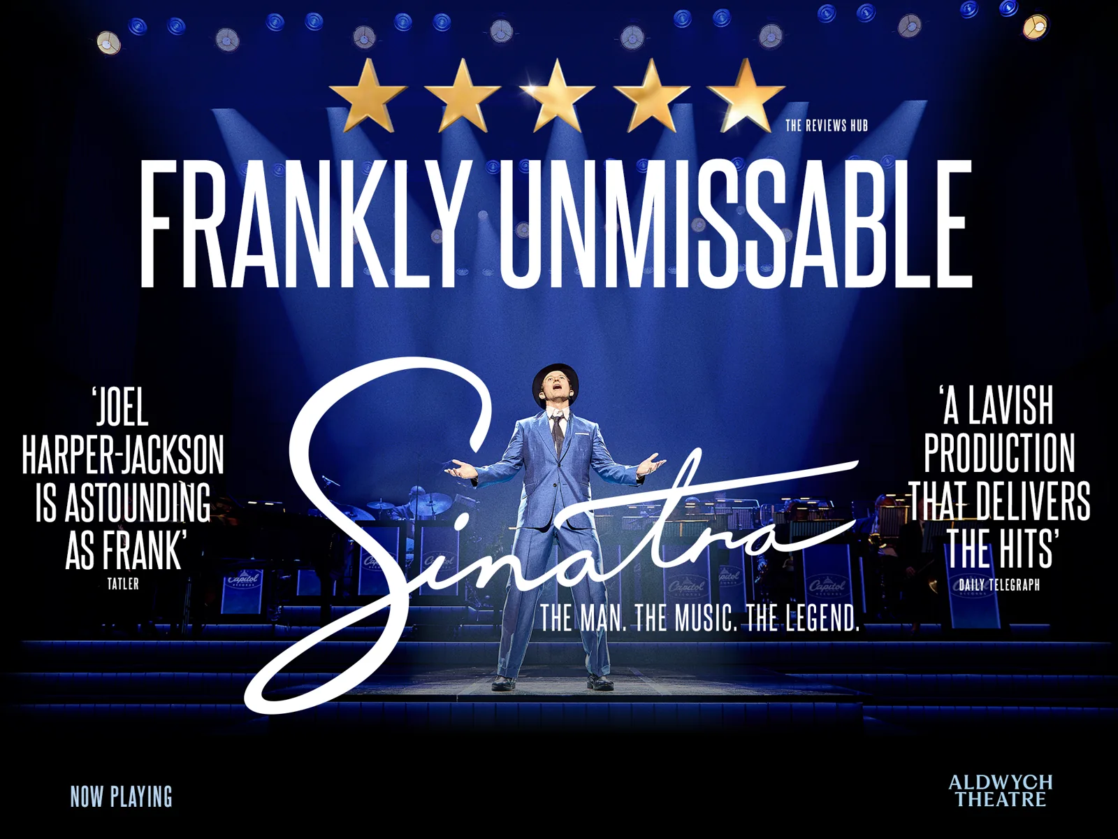 Wide Sinatra poster: Joel Harper-Jackson as Frank in a blue suit, Aldwych Theatre