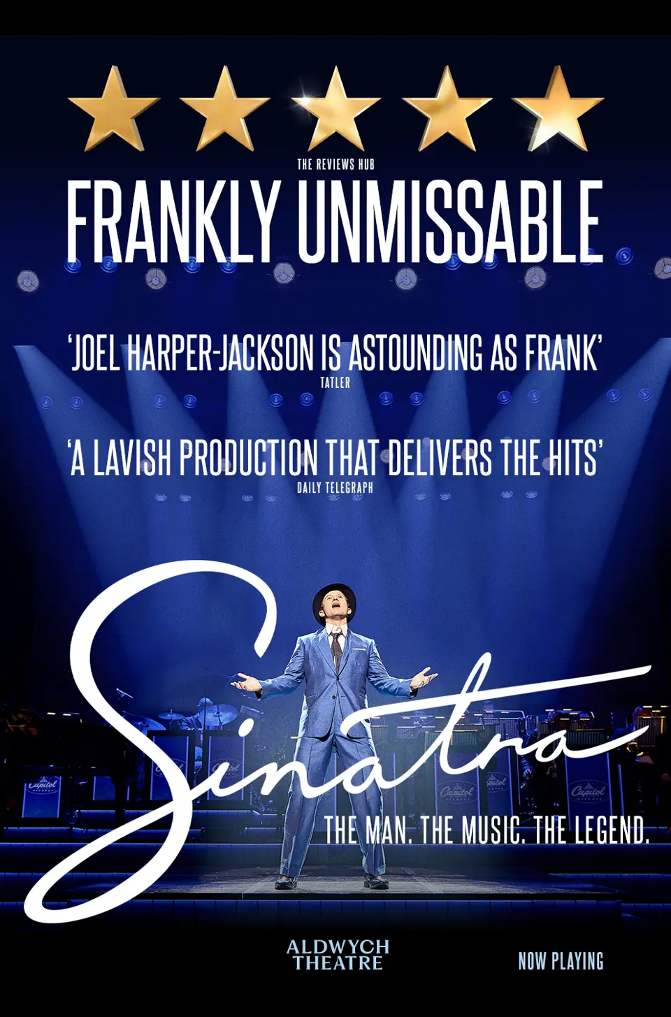 Joel Harper-Jackson as Frank Sinatra, arms wide in a blue suit: Sinatra poster, Aldwych Theatre