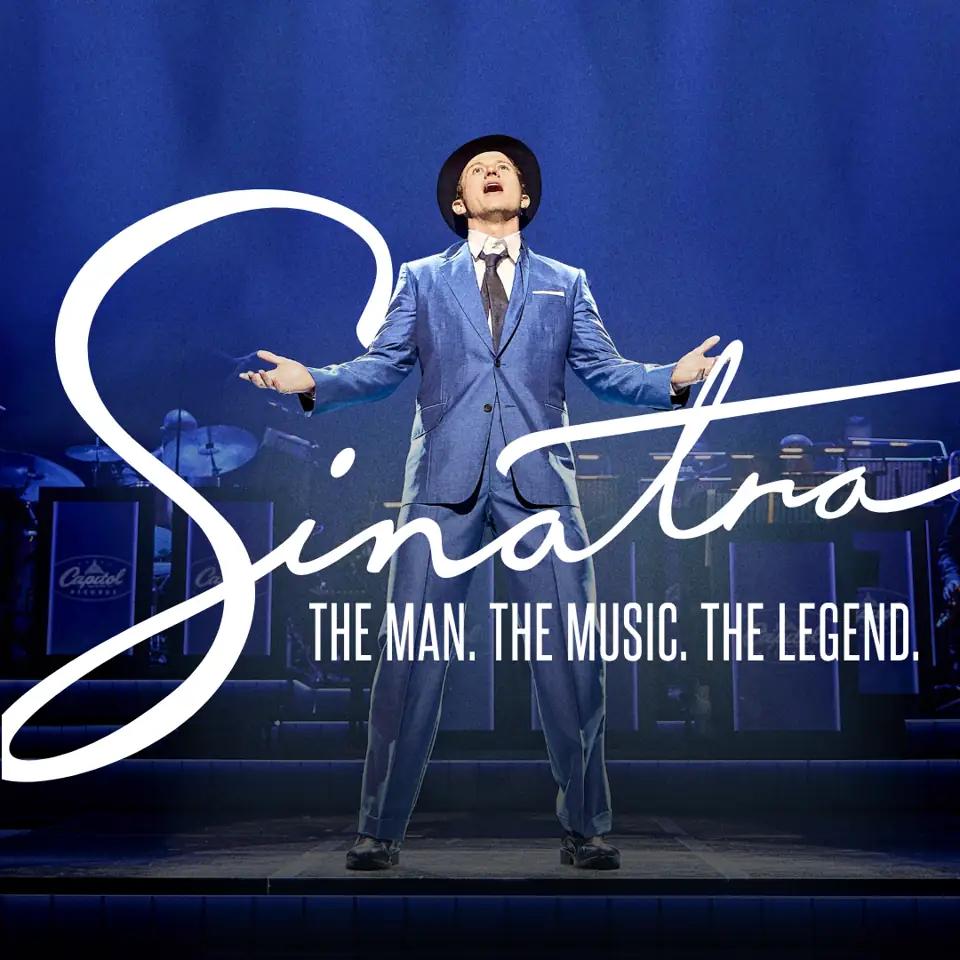 A singer in a blue suit and hat with the Sinatra signature logo, Aldwych Theatre