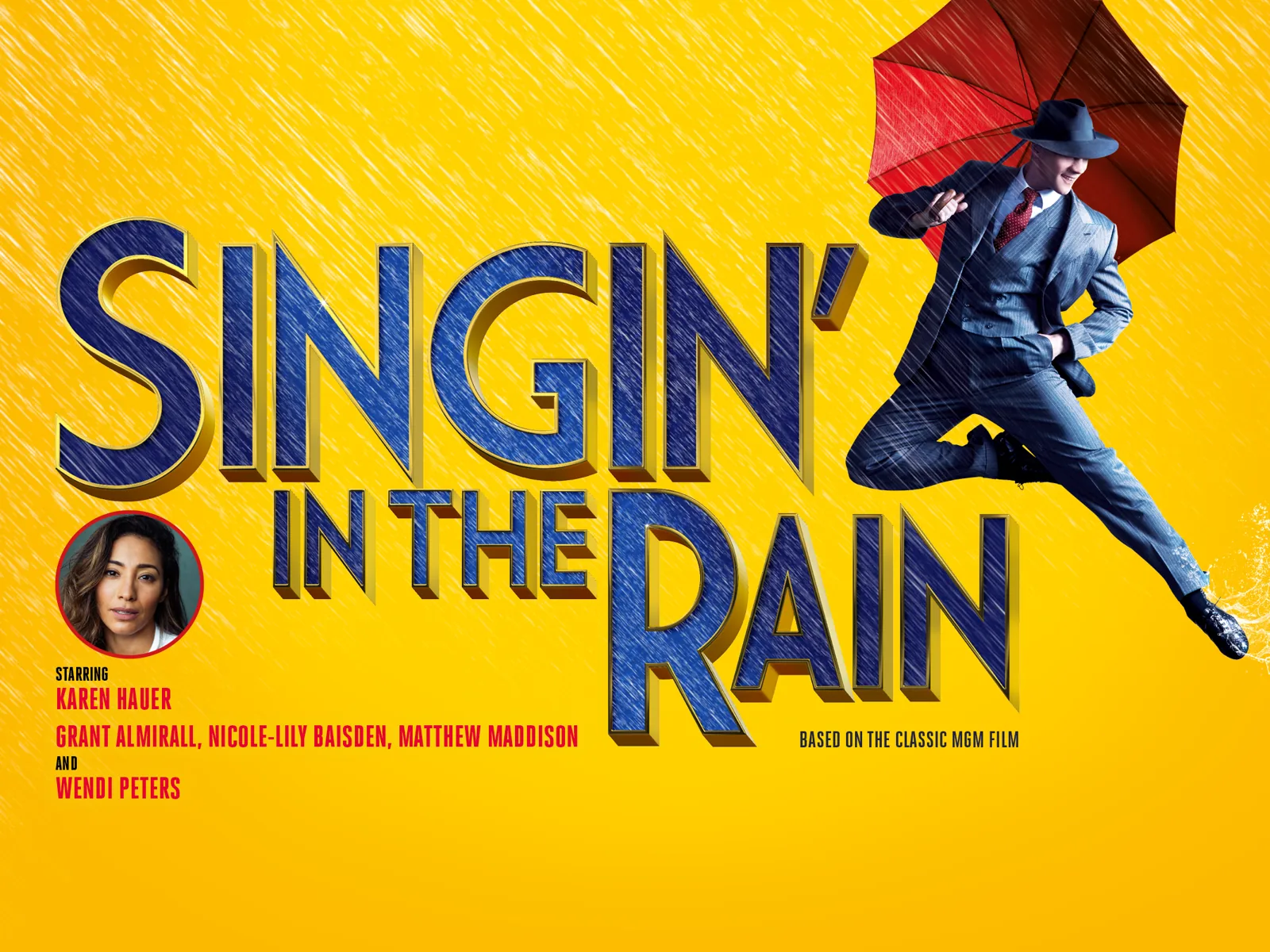 Man in blue suit dances with umbrella in Singin' in the Rain at Sadler's Wells