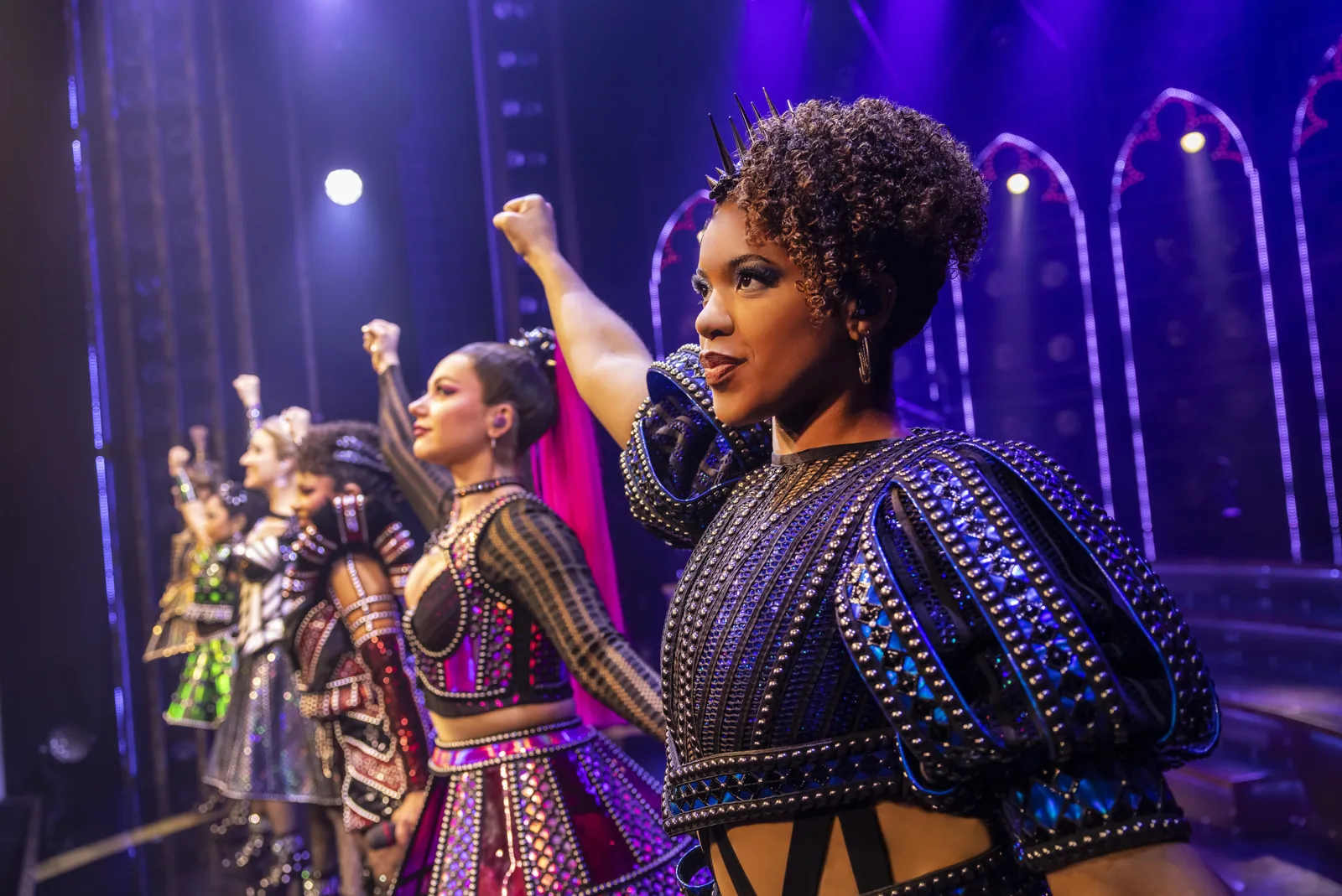 A line of queens punch the air in studded costumes, SIX at the Vaudeville Theatre