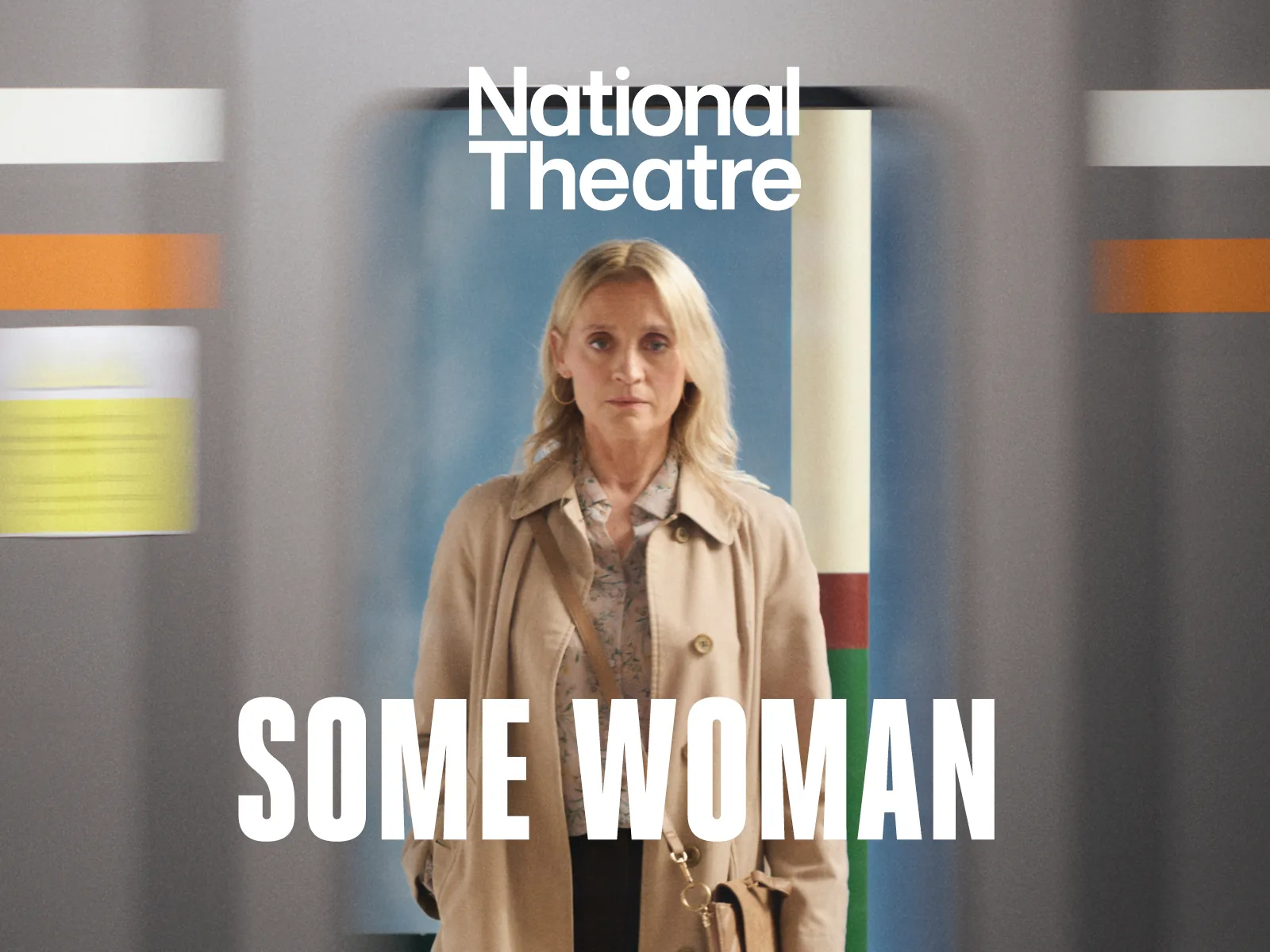 Woman in beige coat against striped background in Some Woman at the Dorfman Theatre