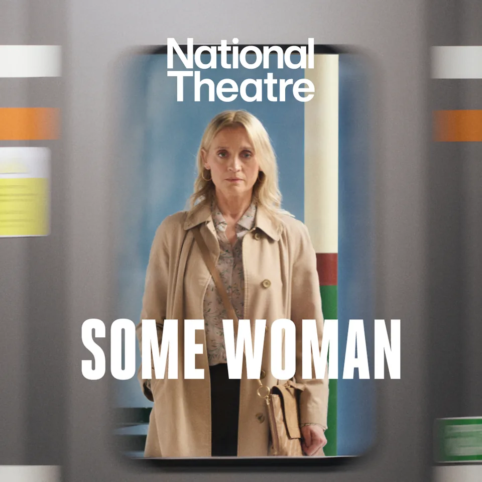 Woman in beige coat against geometric background in Some Woman at the Dorfman Theatre