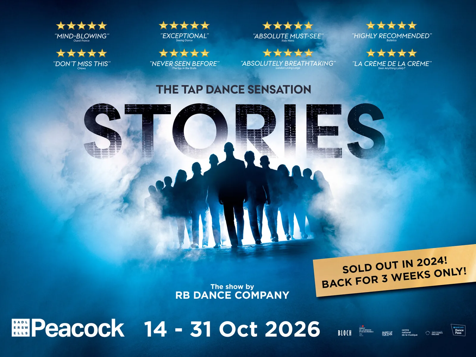 Tap dancers in silhouette in STORIES – The Tap Dance Sensation at the Peacock Theatre