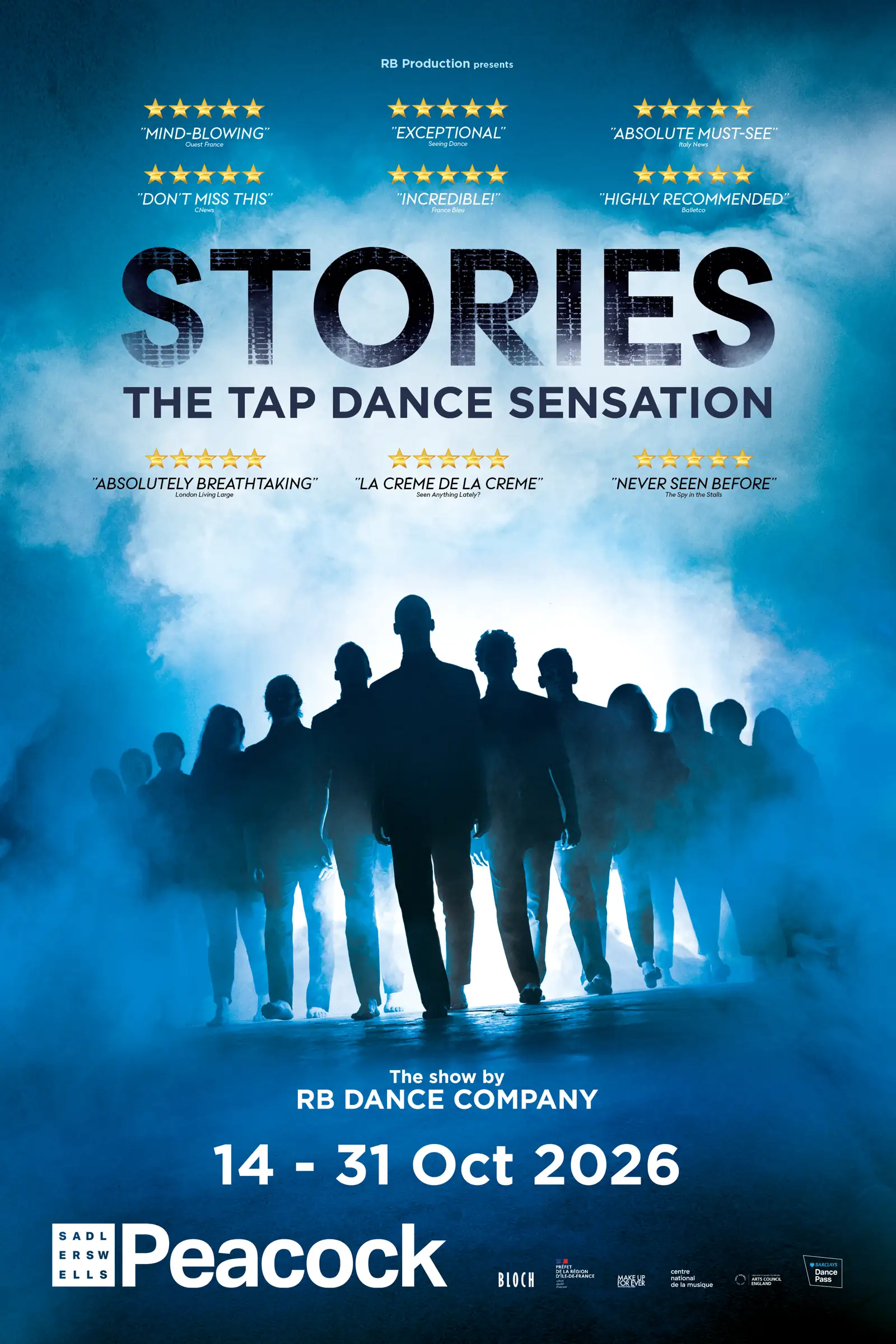 Silhouettes of tap dancers in STORIES – The Tap Dance Sensation at the Peacock Theatre