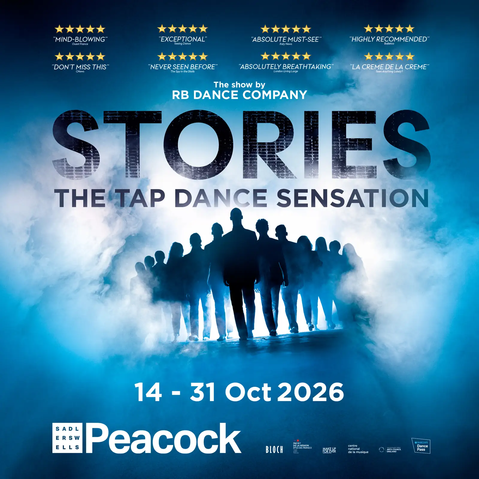 Dancers in blue silhouettes in STORIES – The Tap Dance Sensation at the Peacock Theatre