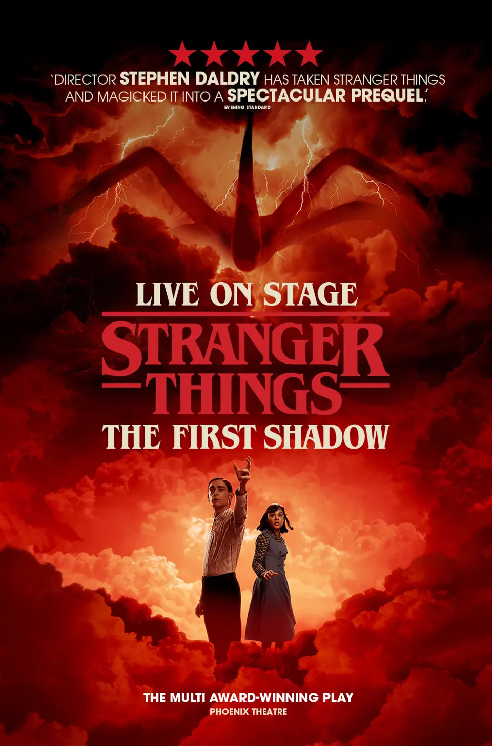 Two figures beneath a burning red sky: Stranger Things: The First Shadow poster, Phoenix Theatre