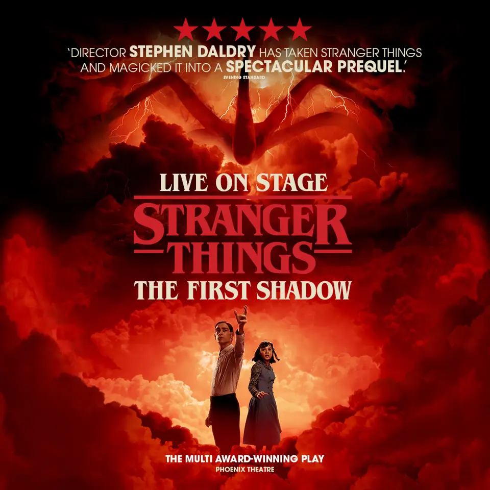 Square Stranger Things: The First Shadow poster with two figures in red cloud, Phoenix Theatre