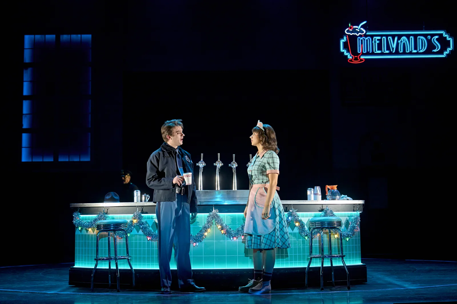 Adam Wadsworth and Edie Wright at Melvald's diner counter in Stranger Things, Phoenix Theatre