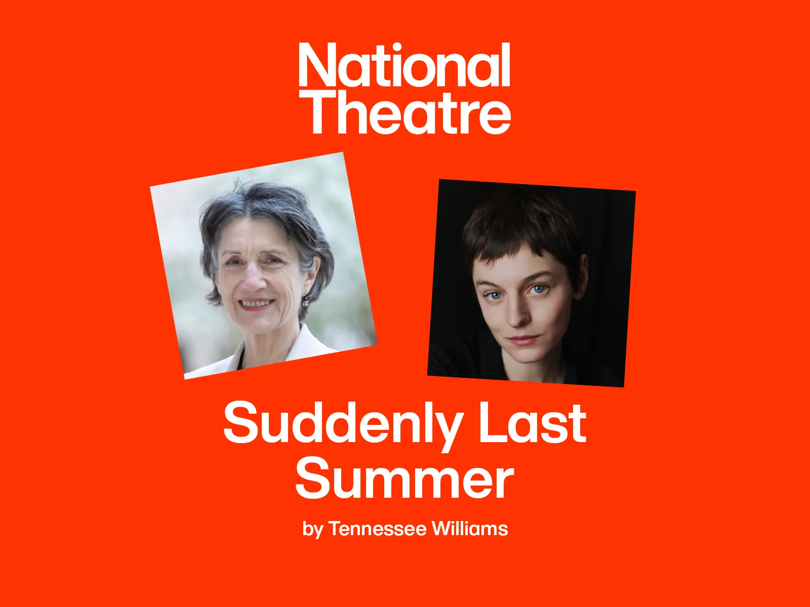 Two portrait photographs against red background in Suddenly Last Summer at the Olivier Theatre