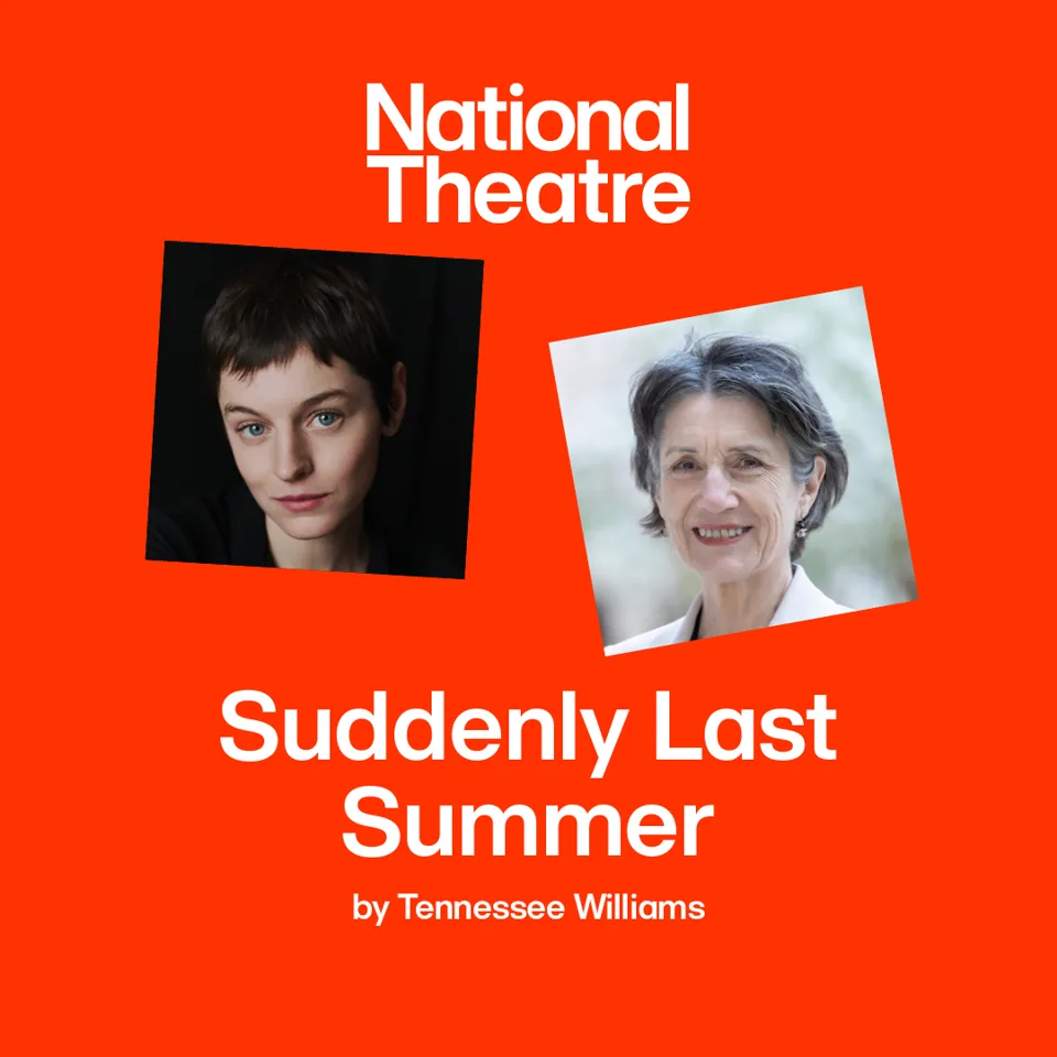 Two portrait photographs on bright orange background in Suddenly Last Summer at the Olivier Theatre