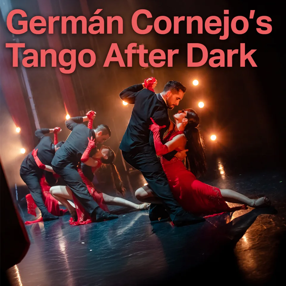 Dancers in red and black perform intimate tango in Tango After Dark at Sadler's Wells