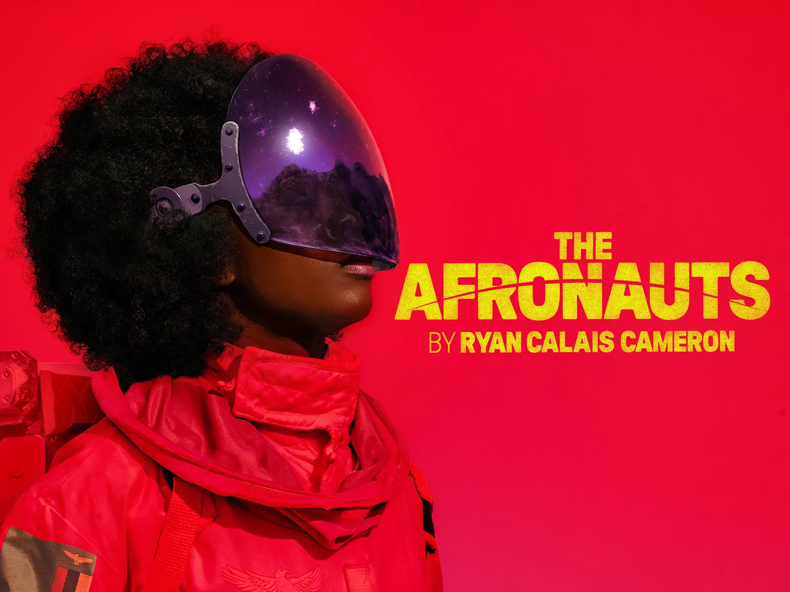 Figure in purple helmet and red jacket in The Afronauts at the Royal Court