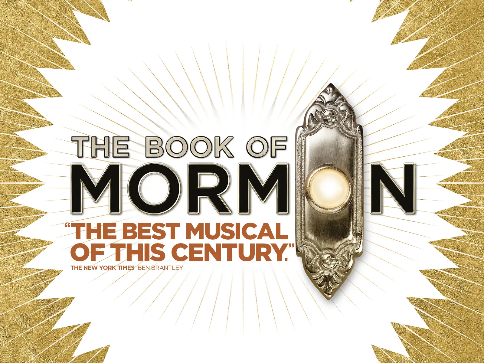 Wide gold-burst artwork with the doorbell logo, The Book of Mormon, Prince of Wales Theatre