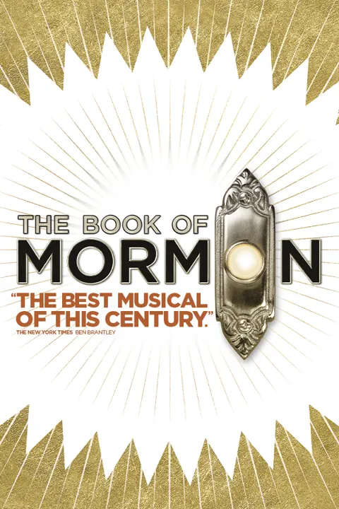 Gold doorbell logo poster for The Book of Mormon, Prince of Wales Theatre