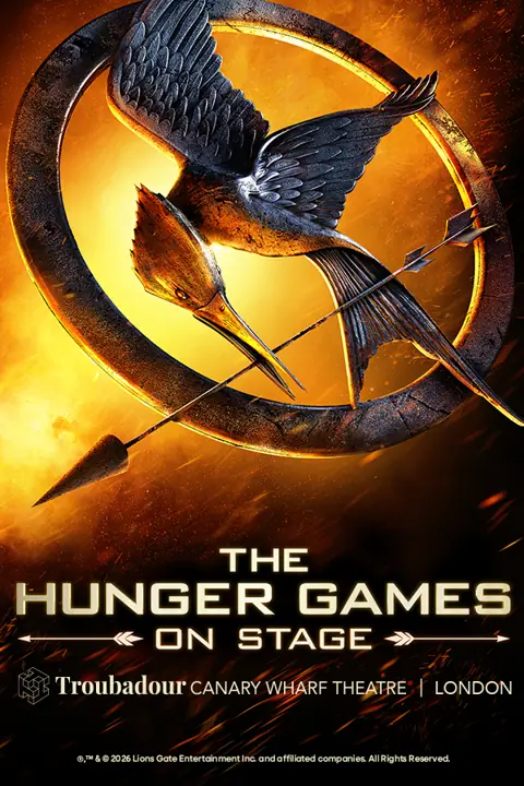 The golden Mockingjay logo for The Hunger Games: On Stage, Troubadour Canary Wharf Theatre