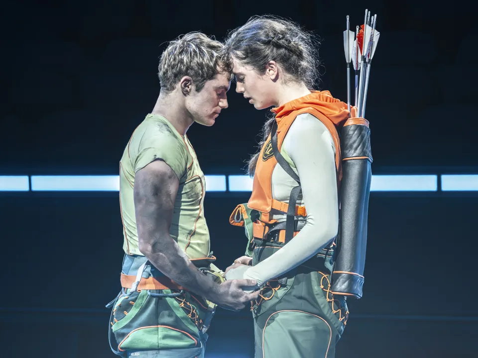 Katniss and Peeta forehead to forehead, The Hunger Games: On Stage, Troubadour Canary Wharf