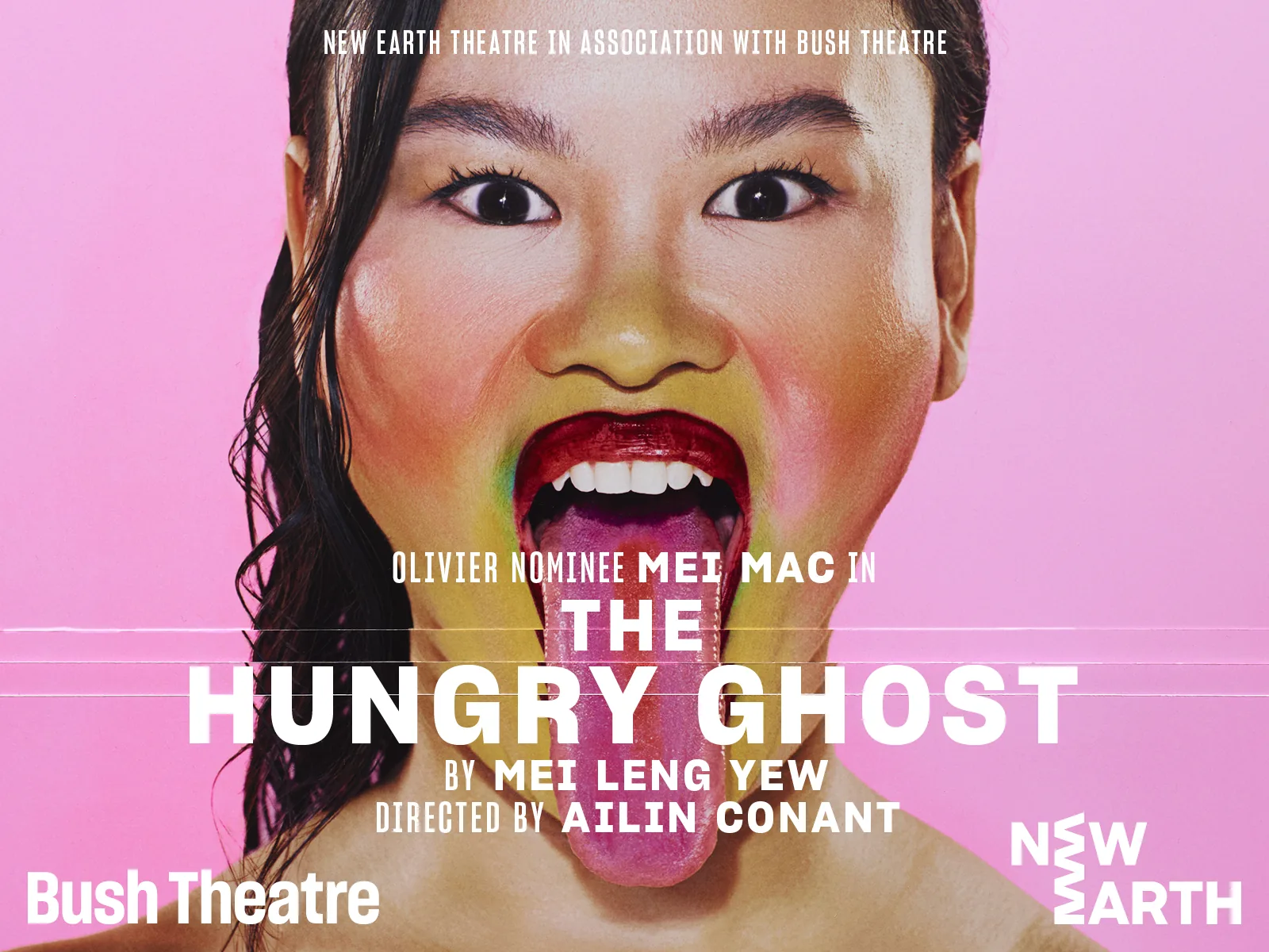 Close-up face with open mouth, pink background in The Hungry Ghost at the Bush Theatre