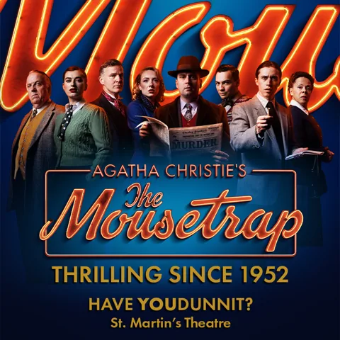 The Mousetrap logo in orange neon over eight suspects, St Martin's Theatre