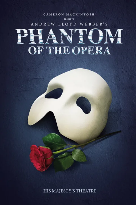 The famous Phantom of the Opera logo, white mask and red rose, His Majesty's Theatre