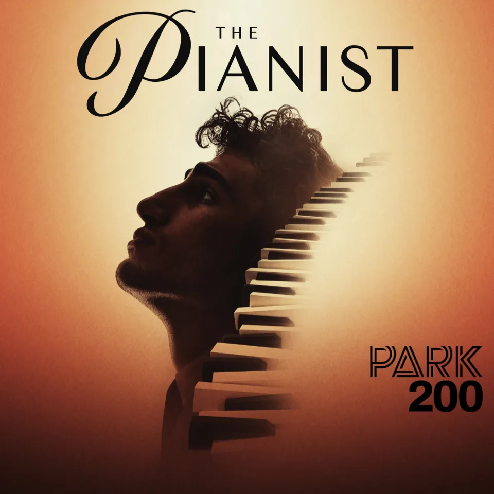 Man's silhouette with piano keys in head in The Pianist at the Park Theatre
