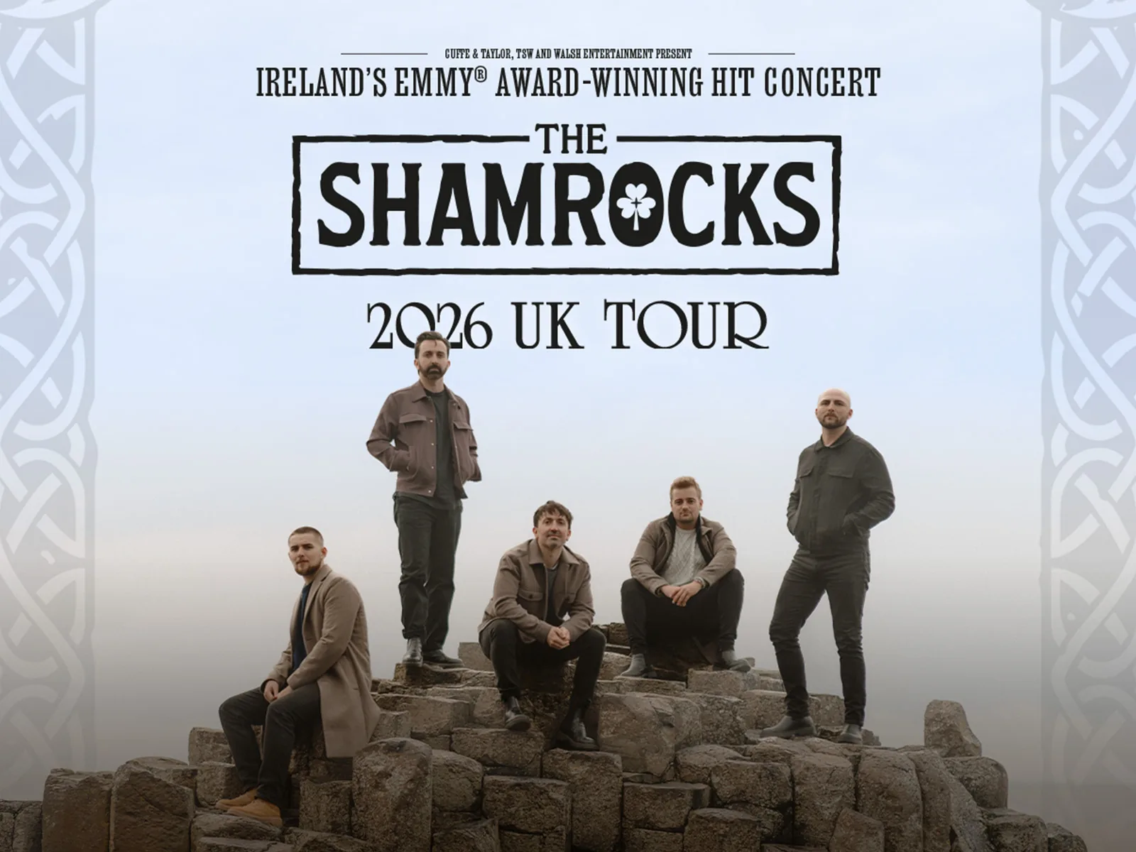 Five men stand on rocky outcrop in The Shamrocks at the Cambridge Theatre
