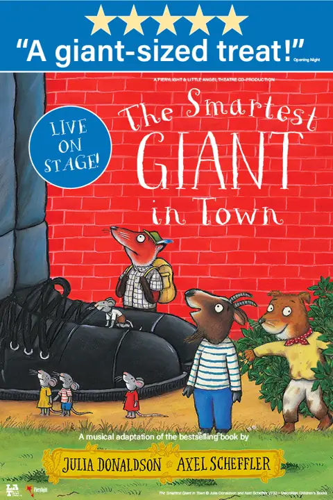 Animated animals beside giant boot in The Smartest Giant in Town at St. Martin's Theatre