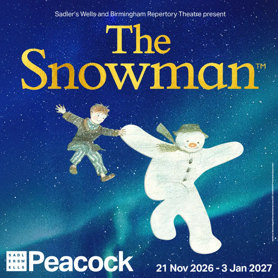 Child and snowman dancing against starry night sky in The Snowman at the Peacock Theatre