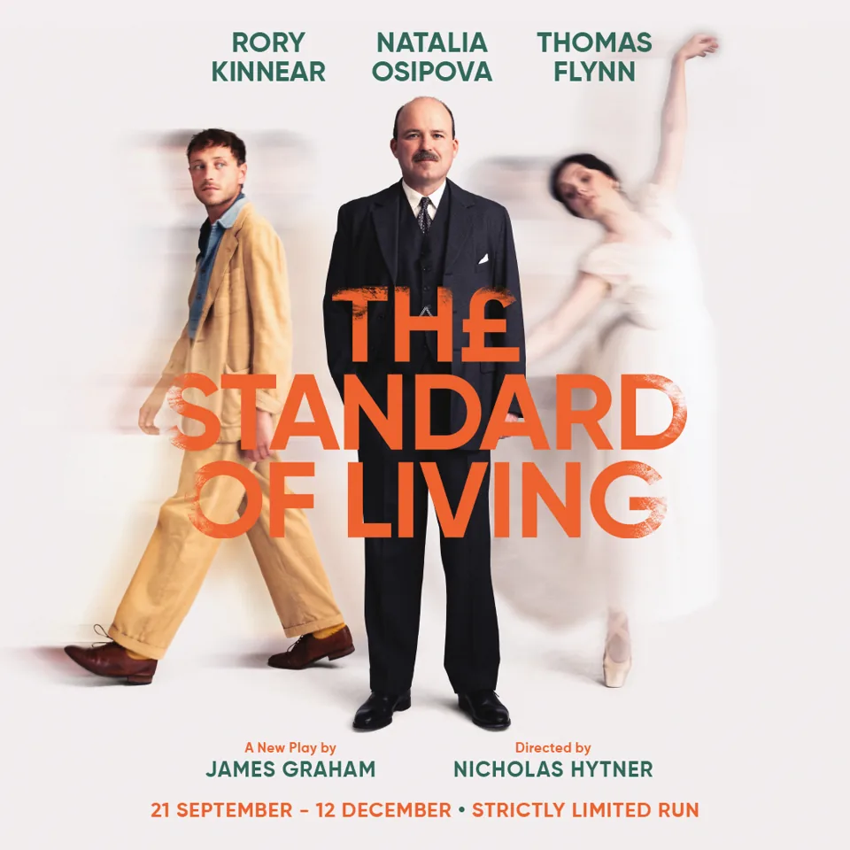 Three actors in contrasting poses in The Standard Of Living at the Theatre Royal Haymarket