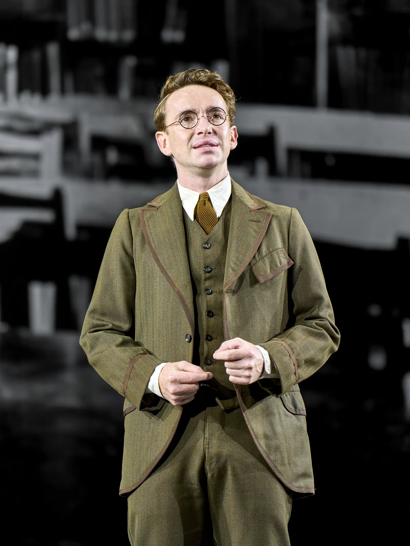 Laurie Kynaston as Friedrich Hayek in a three-piece suit, The Standard of Living, Theatre Royal Haymarket