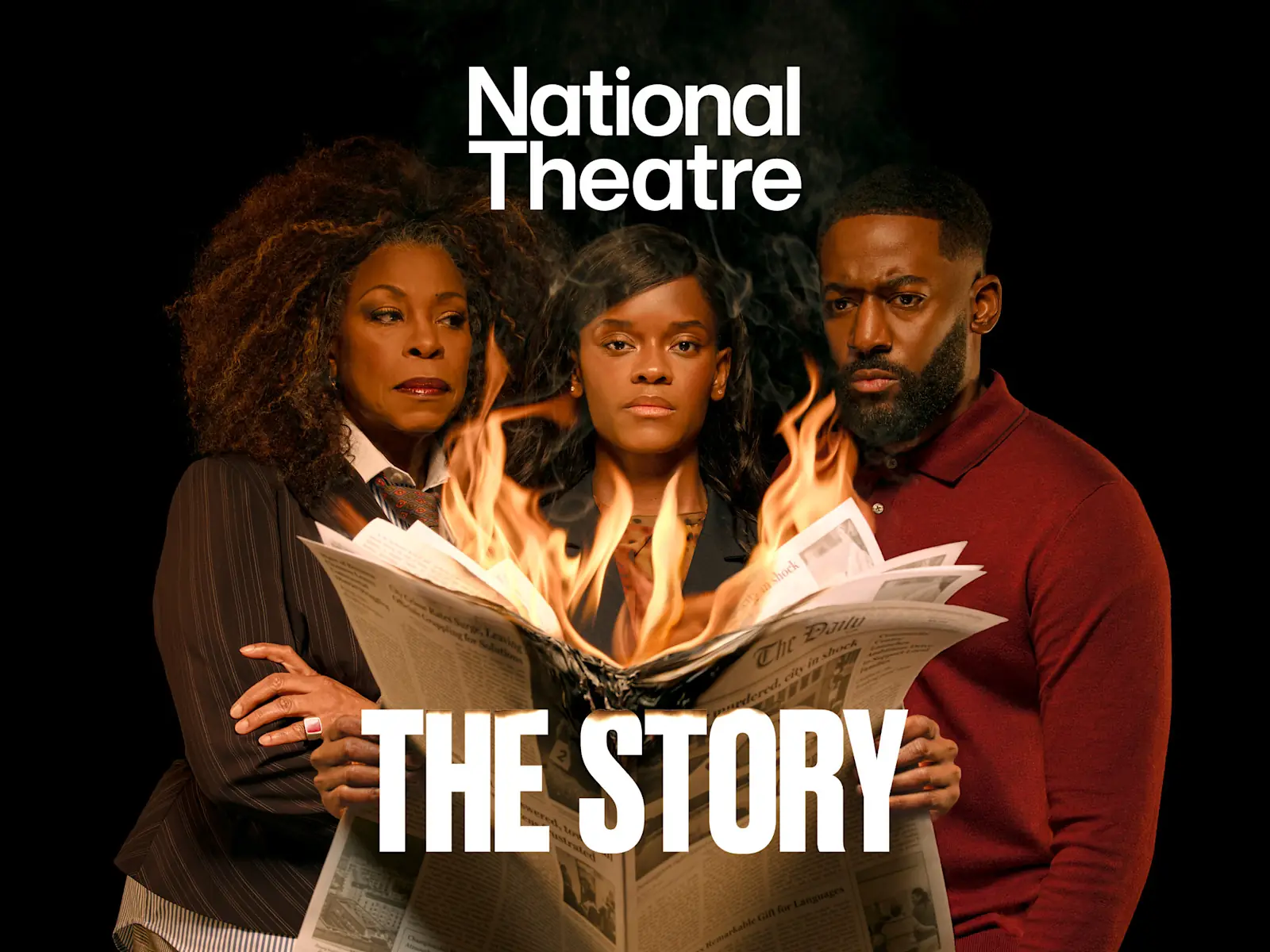 Three actors hold a burning newspaper in The Story at the Olivier Theatre