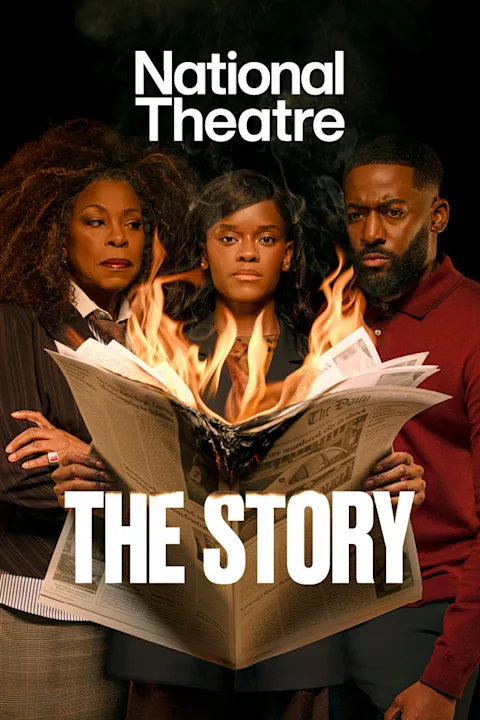Three performers hold a burning newspaper at the National Theatre's production of The Story.