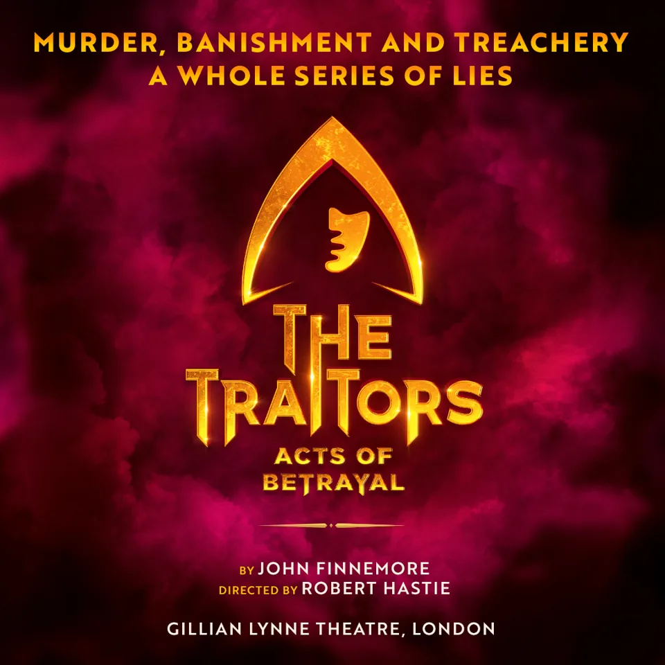 Gold theatrical mask logo in The Traitors – Acts of Betrayal at the Gillian Lynne Theatre