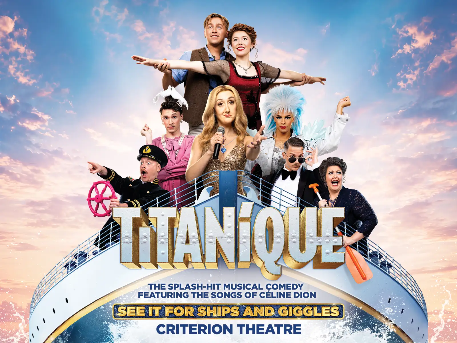 Wide Titanique poster: the cast crowd the bow of a ship, Criterion Theatre