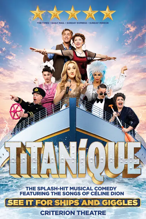The Titanique cast pose on a ship's bow under a sunset sky, Criterion Theatre poster