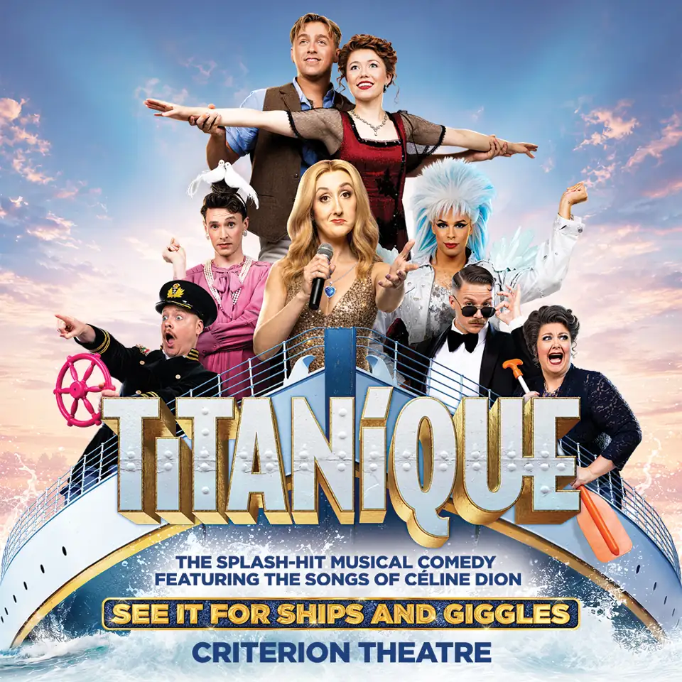 Square Titanique poster with the costumed cast on a ship's deck, Criterion Theatre